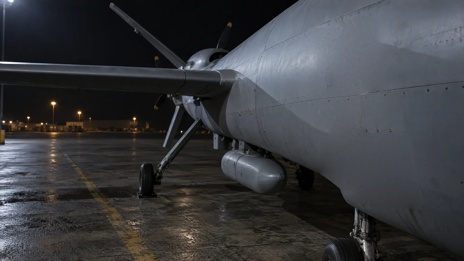 An unmarked autonomous aircraft on a wet night apron, seen along its fuselage to the wing and the aft underside where it takes fuel