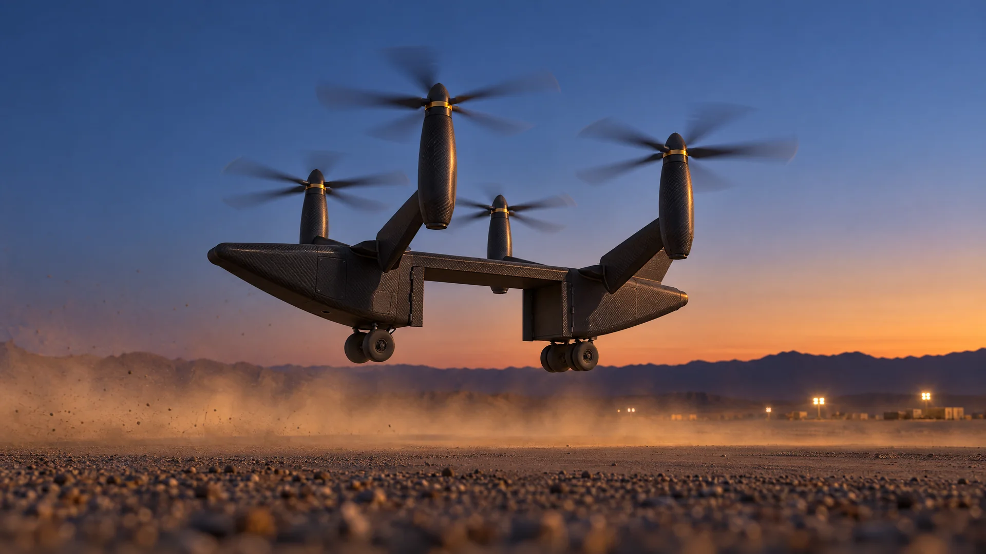 The Roam aircraft lifting off from a desert airstrip at dusk, flying without a module.